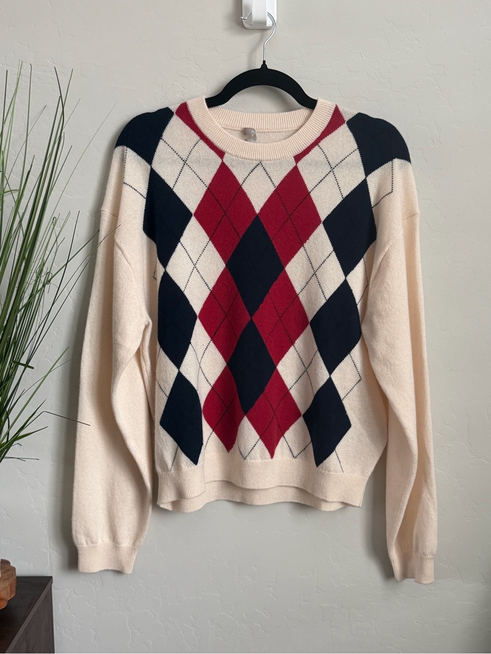 J.Crew Relaxed Cashmere Argyle Sweater CO323 Cream Navy Red L